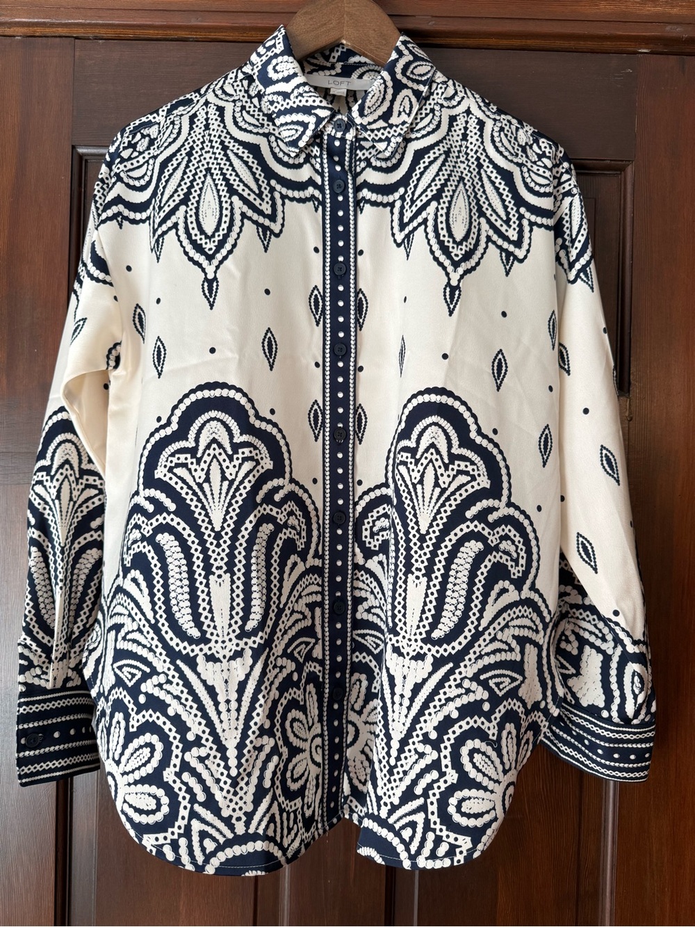 LOFT Navy and Cream Printed Button-Down Blouse
